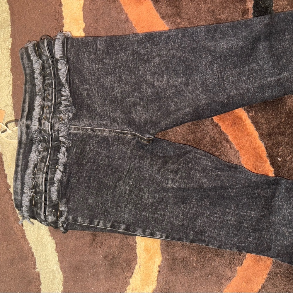 Matte  Black Lace-Up Low Risers Women Jeans - Picture 6 of 9